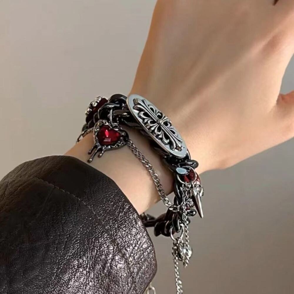 Gothic Emo Punk Chain Bracelet Red Heart Charm Spiked Layered Cuff Jewelry